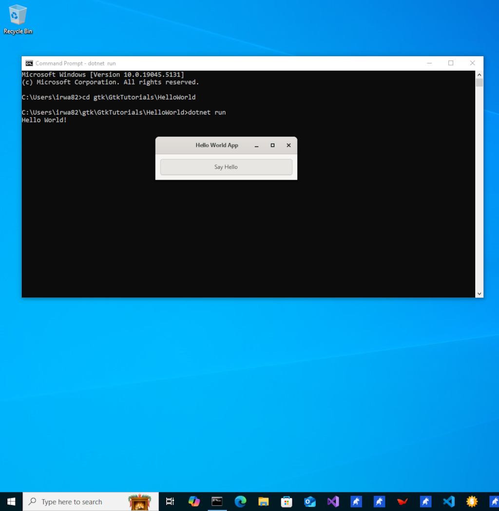 Windows hello world screenshot